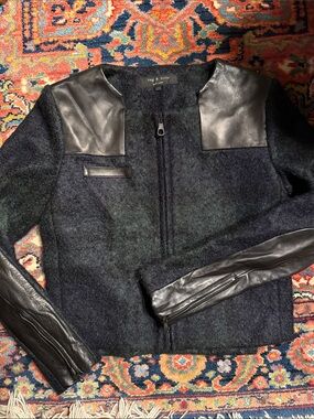 rag & bone Black and Dark Green Wool and Lamb Leather Jacket Coat size 2